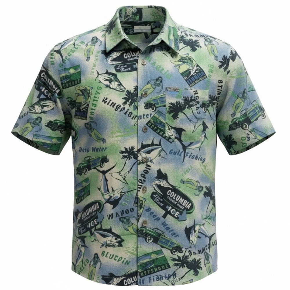 Columbia PFG Mens Small Vented Multicolor Grapic Button Up Fishing Shirt ‎ (Z7)